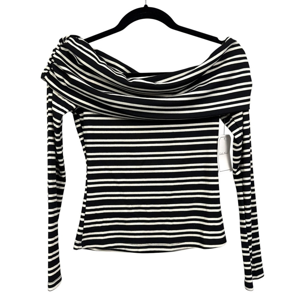 Endless Threads Women Black White Striped Off Shoulder Cowl Neck Ribbed Knit M*